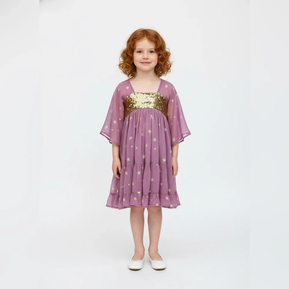 NWT I Love Gorgeous London Mauve Gold Sequins Stars 3/4 Sleeves Girls Dress 2/3